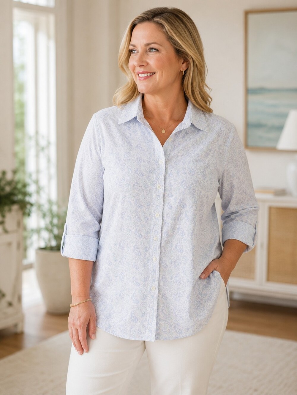L.L. Bean Womens Light Blue Paisley Button-Down Shirt, Wrinkle Resistant